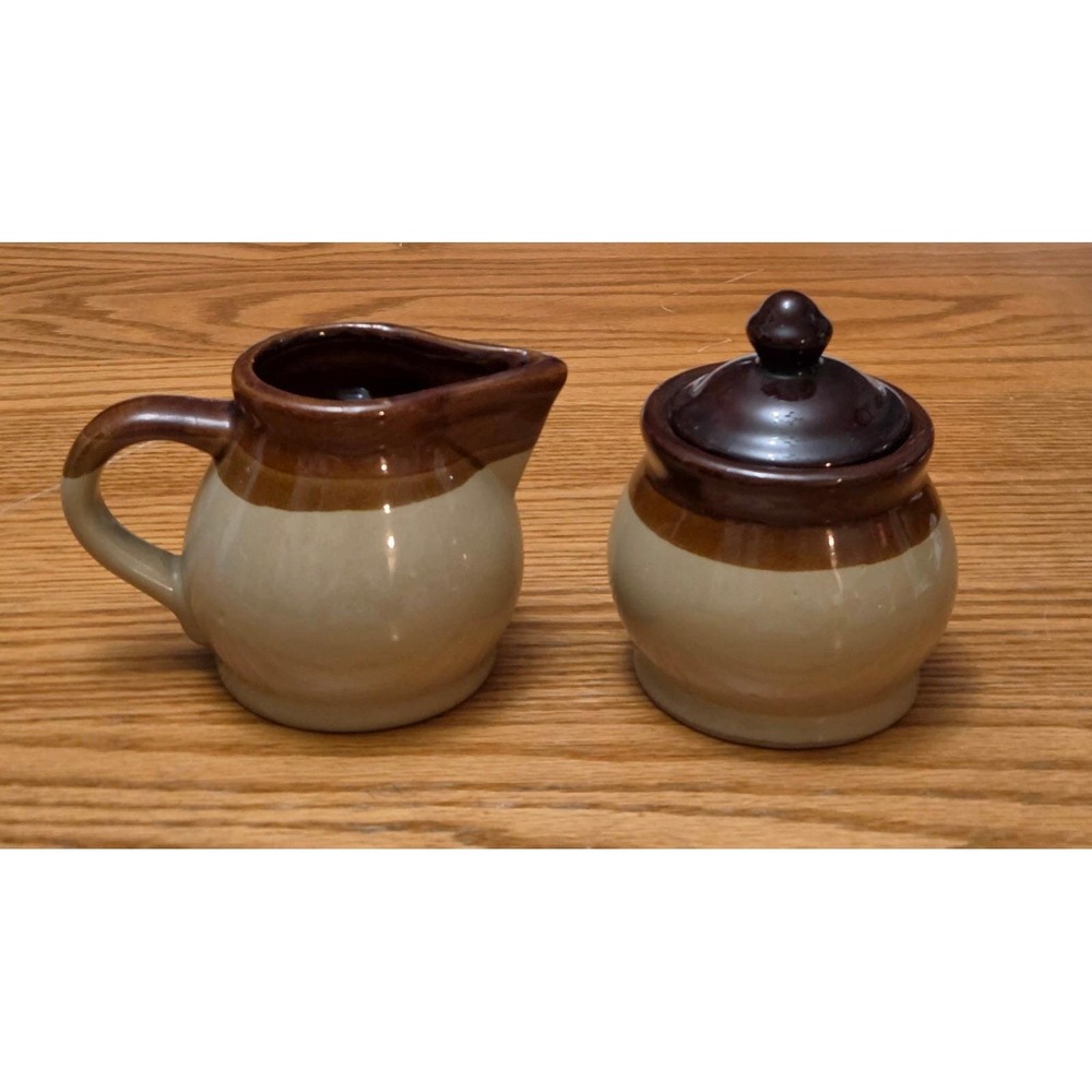 3-Tone Brown Creamer & Lidded Sugar Bowl Set Vintage Stoneware Farmhouse Decor